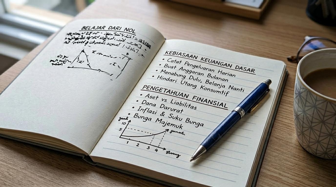 Buku catatan literasi keuangan terbuka dengan poin dasar ditulis tangan